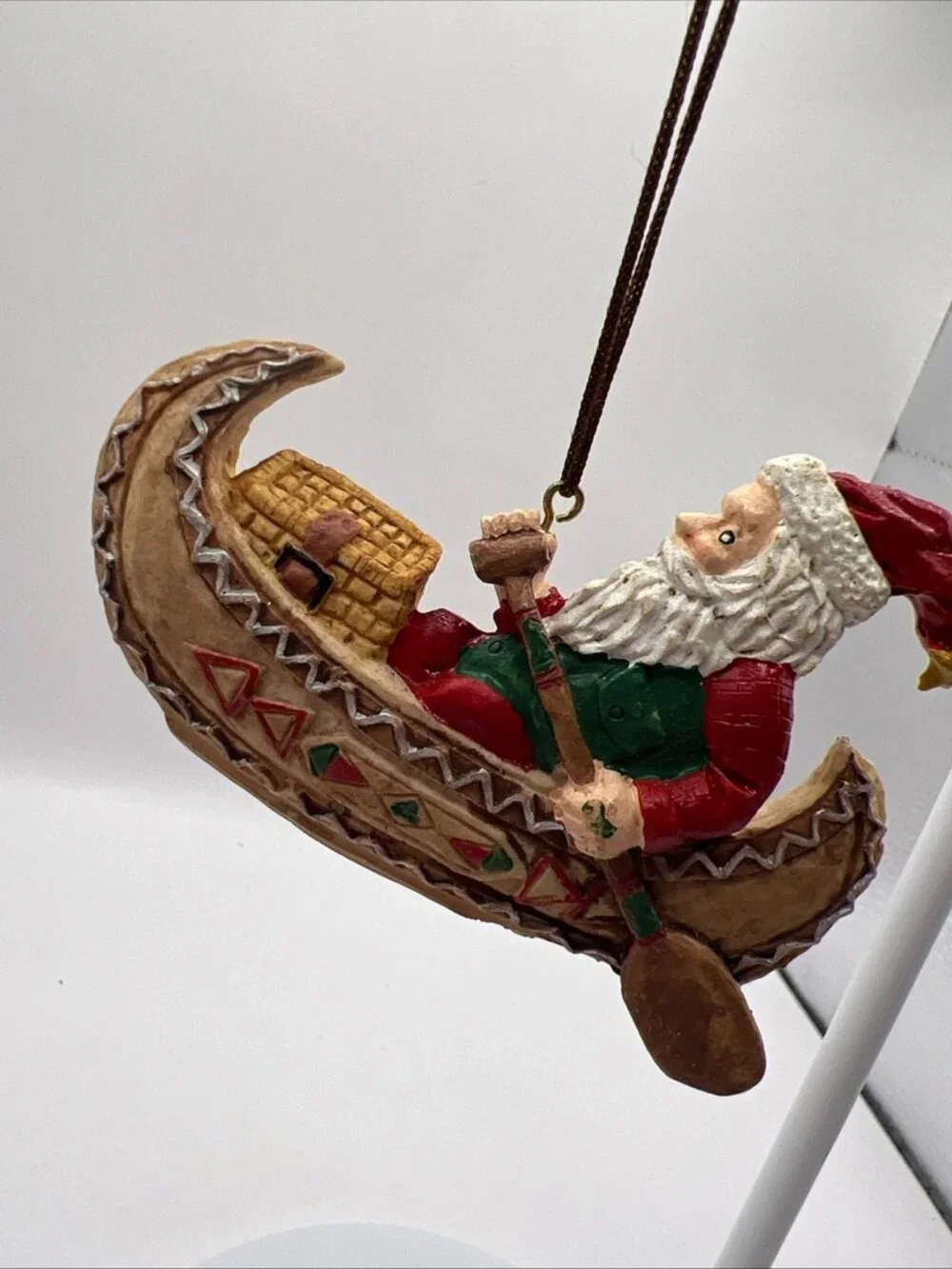 Vtg Santa Paddling His Canoe Folk Art Christmas Ornament 2x3.5”